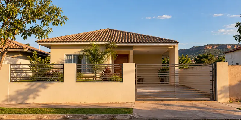 Casa residencial térrea com muro e portão, ao entardecer, em bairro com morros ao fundo